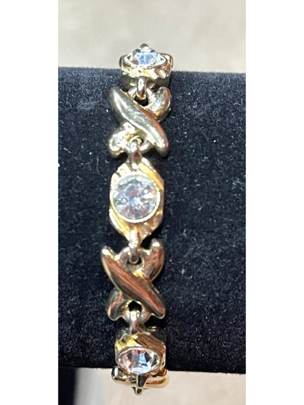 Vintage 80s Hugs and Kisses XOXO Link Gold Toned Tennis Bracelet Crystal USA
